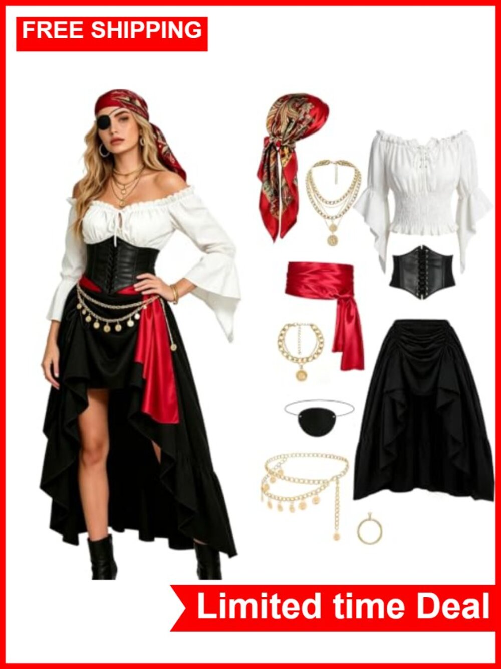 Pirate Costume Women Renaissance Medieval Outfit Cosplay Set 10 Pc
